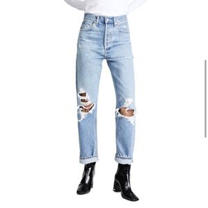 AGOLDE 100% ORGANIC COTTON RIPPED KNEE BUTTON FLY HI WAISTED JEANS MADE IN USA